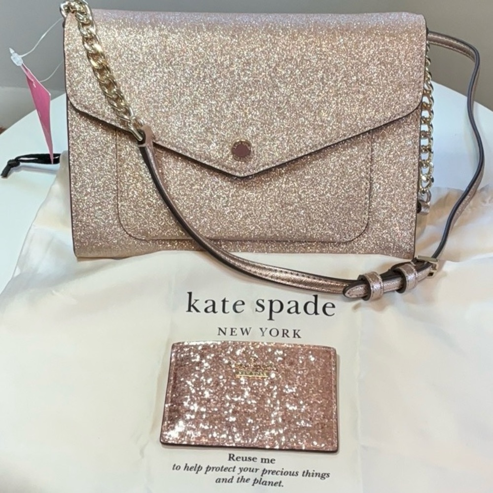 Kate Spade NWT Rose Gold Glitter Tinsel Flap Crossbody, Card Wallet & Dustbag